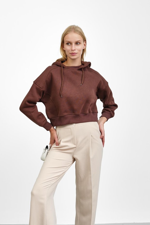 Brown Hooded Inside Inside Fleece-Lined Three Thread Sweatshirt