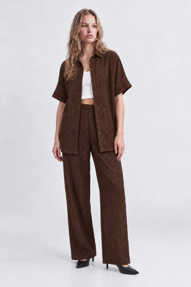 Women's Regular Cut Extra Comfortable Patterned Wrinkled Fabric Shirt and Pants Set (XL - 6XL)