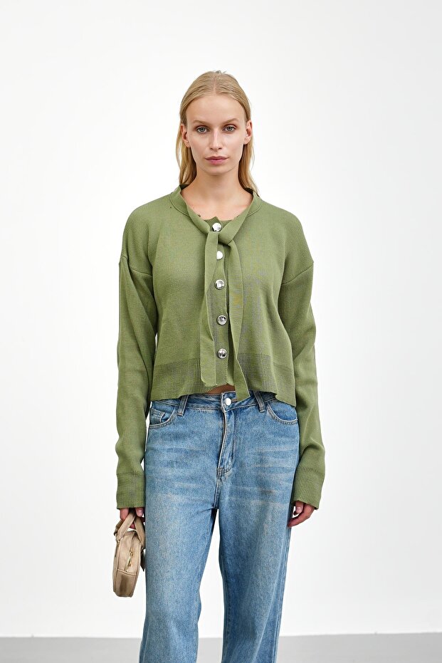 Green Collar Tie-Up Buttoned Knitwear Cardigan