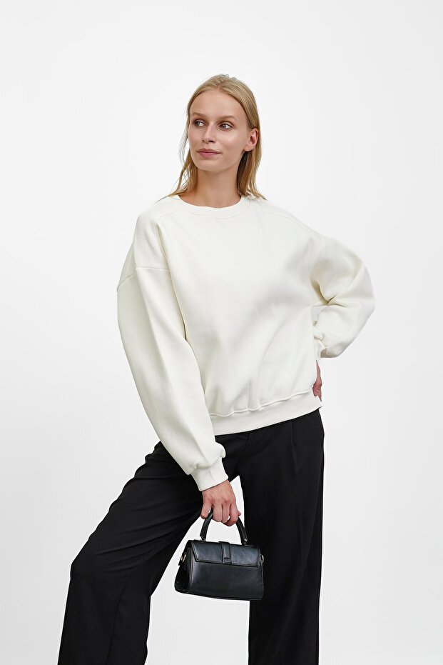 Ecru Basic Three Thread Sweatshirt with Shoulder Detail
