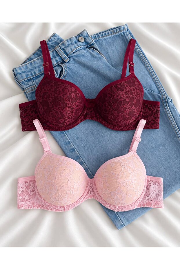 Women's Lace Pack Supported Wired Push up Padded Soft Bra Double Pack
