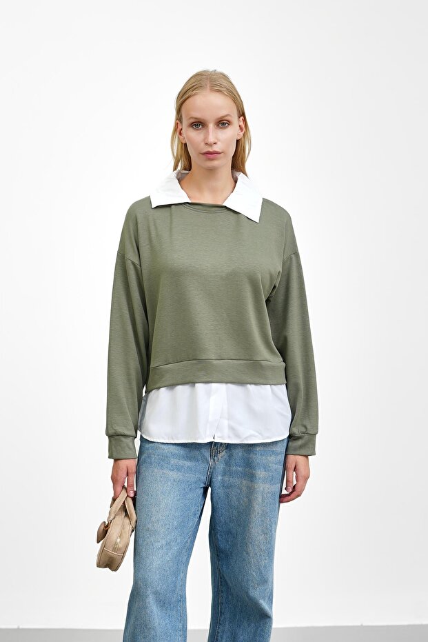 Khaki Shirt Paneled Modal Sweat
