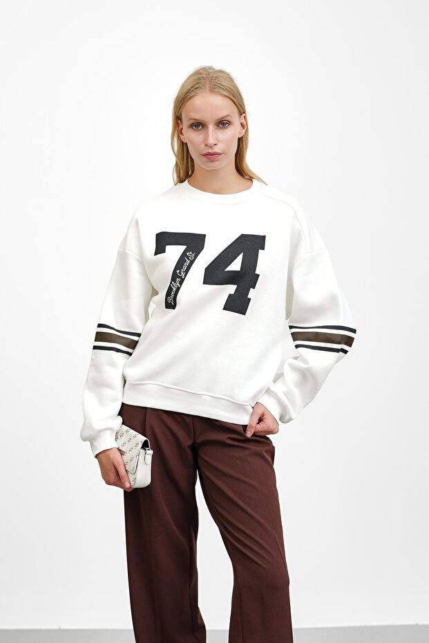 Ecru Front and Sleeve Printed Three Thread Sweat