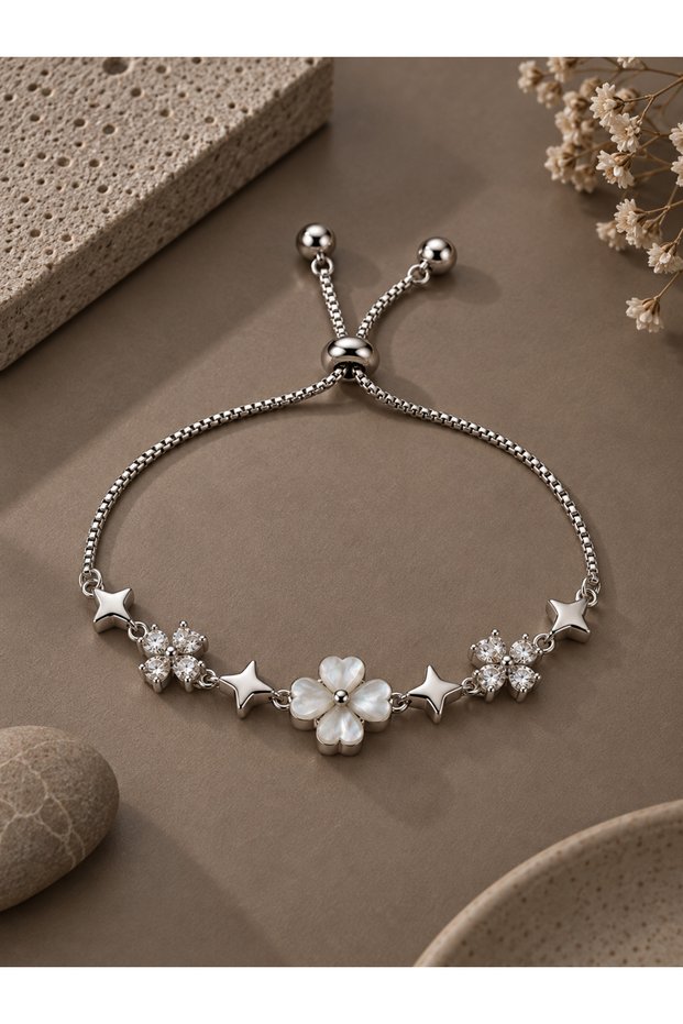 Silver Color Zircon Stone Brass Pearlescent Clover Model Elevator Bracelet