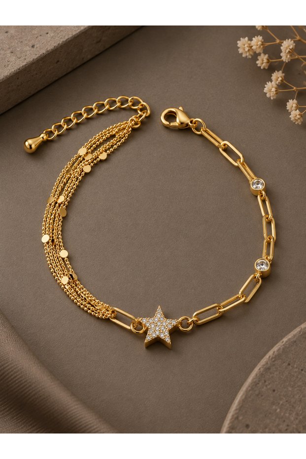 Gold Color Brass Paperclip and Chain Star Model Women's Bracelet
