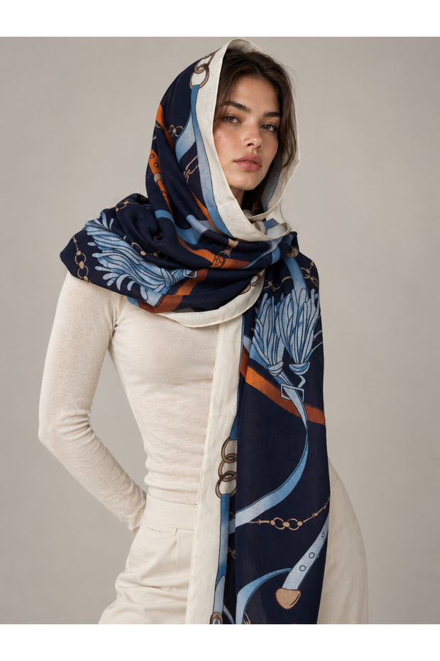 Belt Chain Patterned Navy Blue Pareo 80X180 Shal Sal3006