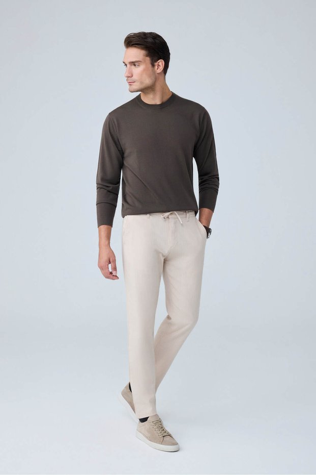 Men's Comfort Fit Cotton Viscose Fabric Linen Look Beige Trousers - 216Dngr