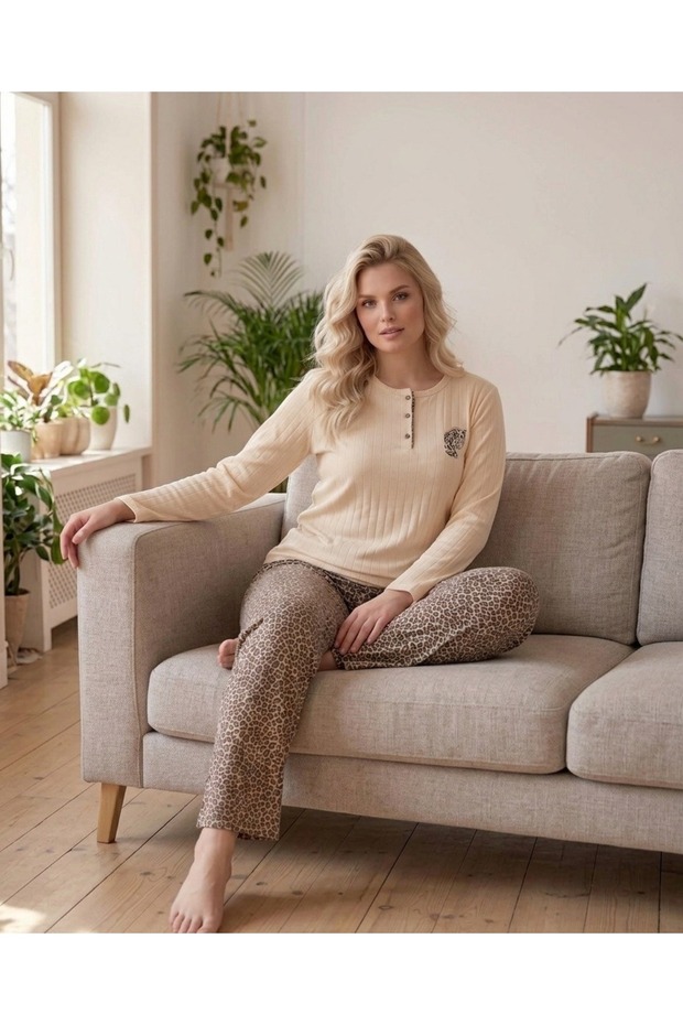 Women's Winter Plus Size Curve Embroidered Patterned Collar Buttoned Long Sleeve Pajama Set