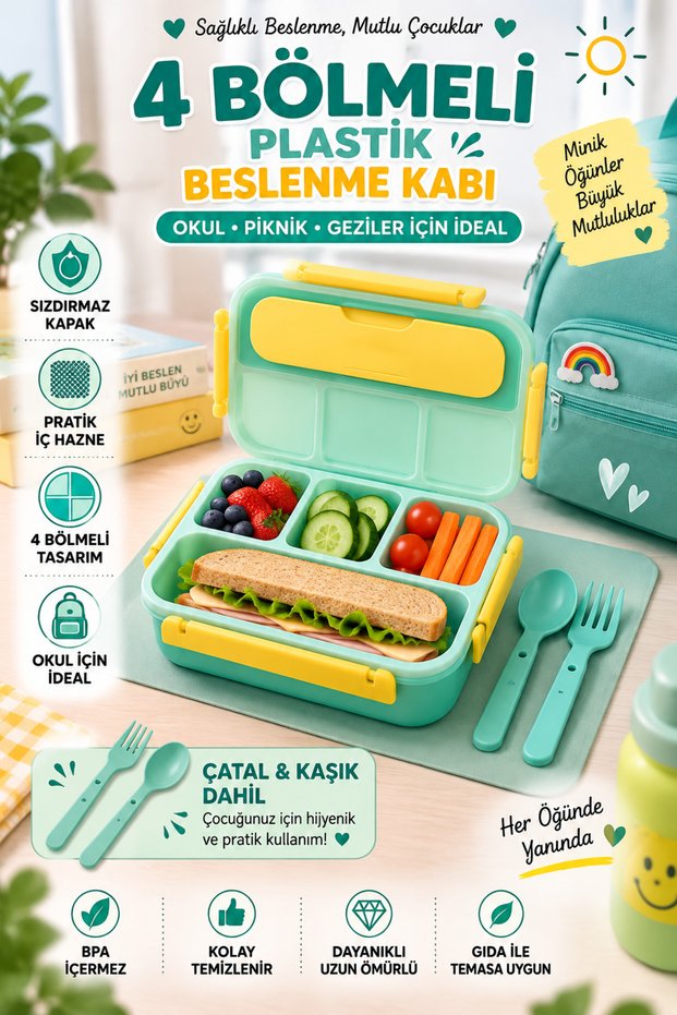4-Compartment Children's Lunch Box / Nutrition Box with Leak-Proof Lid, Fork, and Spoon