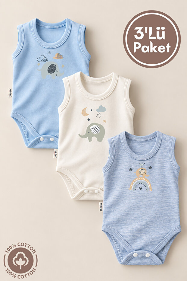 Unisex 100% Organic Cotton Elephant Printed 3-6-9-12 Months 3-Piece Sleeveless Baby Bodysuit