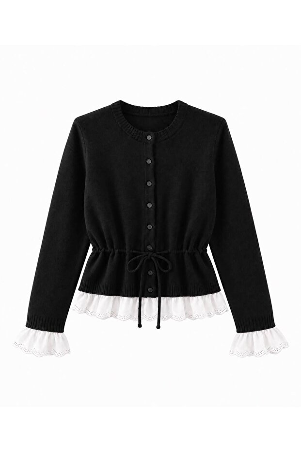 Women's Lace Detailed Waist Adjustable Knitwear Basic Cardigan