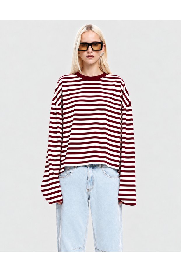Long Sleeve Burgundy Striped Sweatshirt G-9672