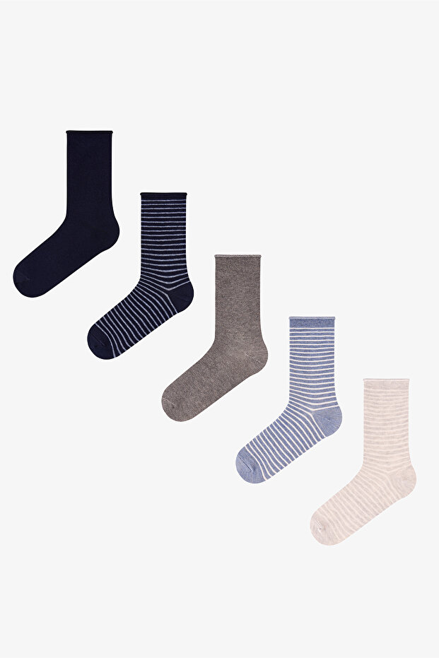 Navy Blue Relax Line Striped Cotton 5-Pair Socks