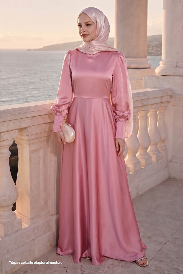 Powder Satin Dress with Zipper on the Sleeve