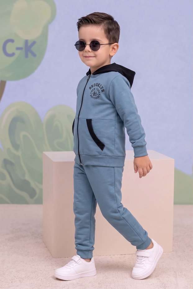 Rocha Kids Blue "Brooklyn" Printed Hooded 2-Piece Set - Cotton Zip-Up Cardigan and Pants Set