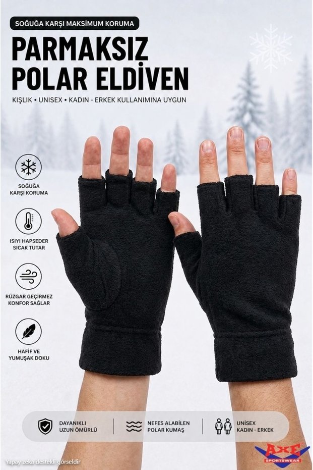 Unisex Winter Black Fingerless Fleece Gloves with Non-Elastic Cuff at Wrist, Thermal Warm Soft Textured Cut-Out Half Finger Gloves