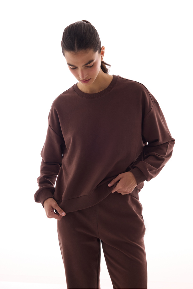 Brown Stitching Detailed Crew Neck Cotton Sweatshirt