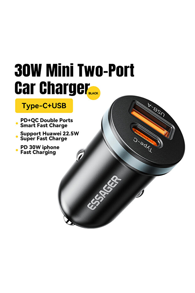 ESSAGER Black 30W A TO C Essager 30W USB C Car Charger Type C Quick Charger PD QC 3.0 SCP 5A Fast Ch