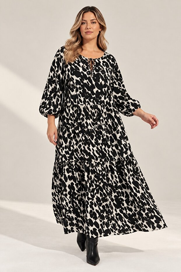 Plus Size Tie-Neck Long Dress