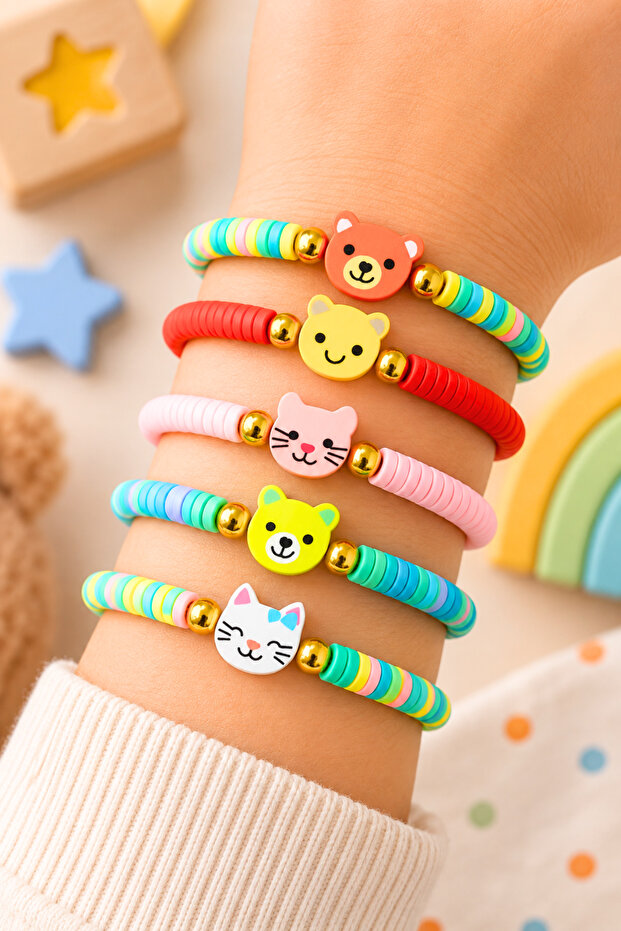 Set of 5 Colorful Children's Bracelets with Animal Figures