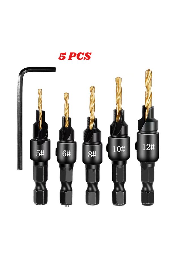5 pcs Golden 4/5 PCS Woodworking Countersunk Head Drill And Chamfering One Piece Hexagonal Handle Co