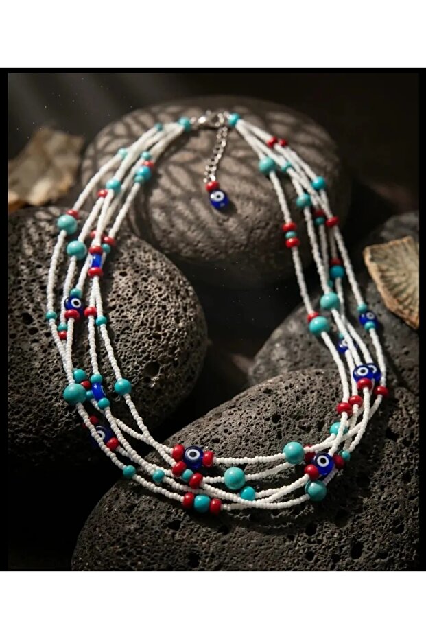 Authentic Handcrafted Necklace with Crimped Turquoise Stone and Evil Eye Beads
