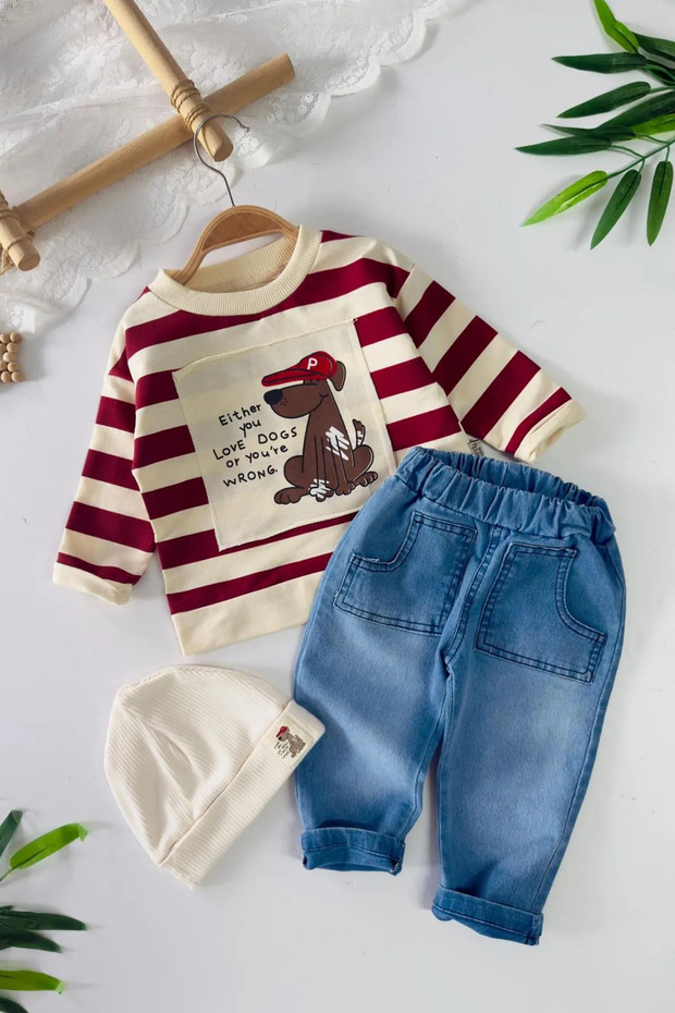 My Little One's Striped Dog Printed Sweatshirt and Jeans Baby Boy 3-Piece Set - Red