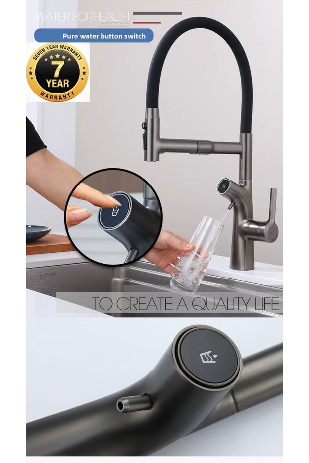 Kitchen Sink Faucet with Push-Pull Water Purification Outlet, 3 Functions, Flexible Spiral, Anthracite Color, 7 Years Warranty, Imported
