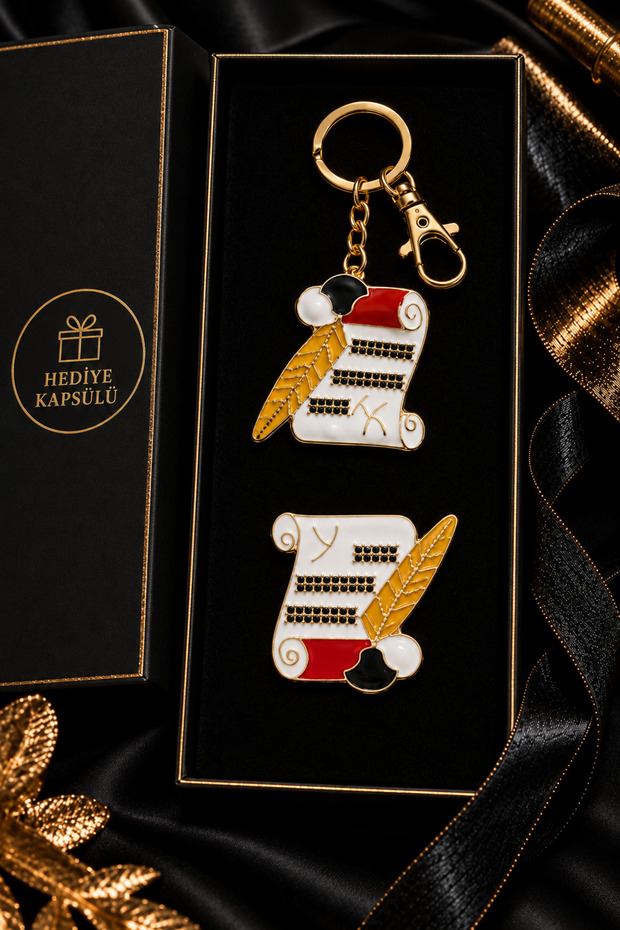 Pen and Parchment Figured Keychain Brooch Set – 2-Piece Accessory with Gold-Colored Stones