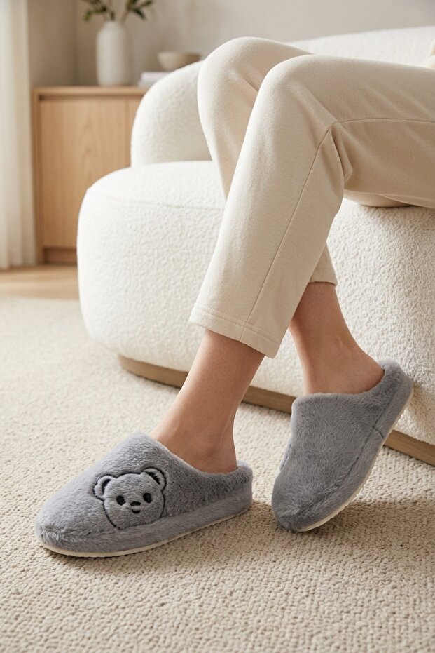 Women's Gray Teddy Bear Furry House Slippers Bynday01