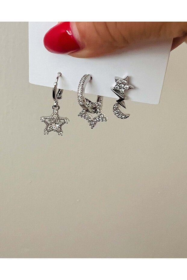 Set of 3 Stone Star Dangle Earrings-Silver Color Acr7705