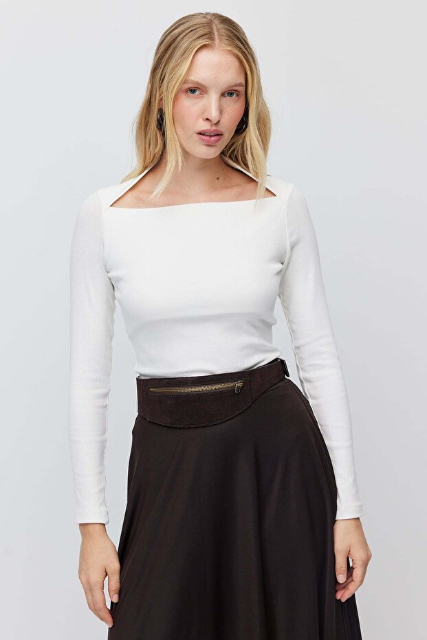 Women's Square Neck Ribbed Long Sleeve Blouse