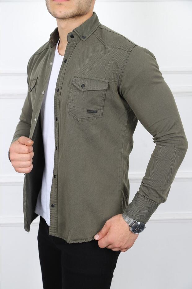 Erkek Kot Gömlek Slim Fit Haki