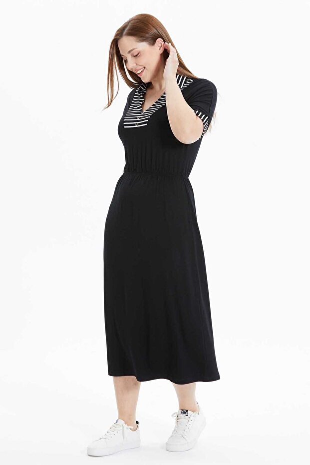 V-Neck Striped Black Standard Women's Dress 25Ysl7585-Bb