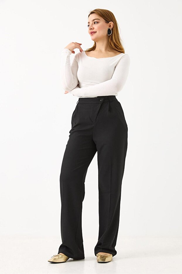 Black Woven Fabric High Waist Straight Cut Classic Trousers with Cross Button Detail