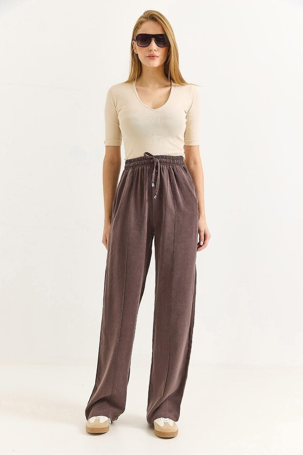 Anthracite Stretchy Fabric Wide-Legged Tencel Trousers with Elastic Waist and Lace-Up Detail