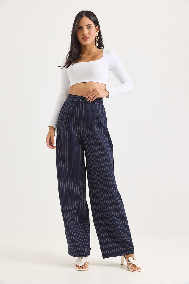 Navy Blue Polyester Fabric High Waist Wide Leg Form Line Patterned Woven Trousers with Pockets