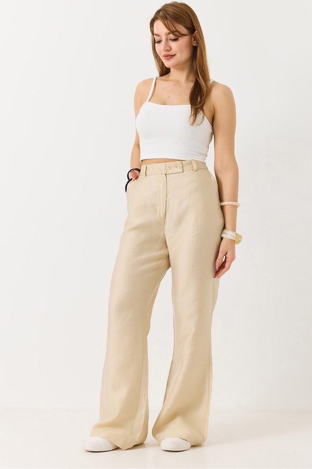 Beige Fabric Elastic Waist Flared Trousers with Double Buttons and Adjustable Detail