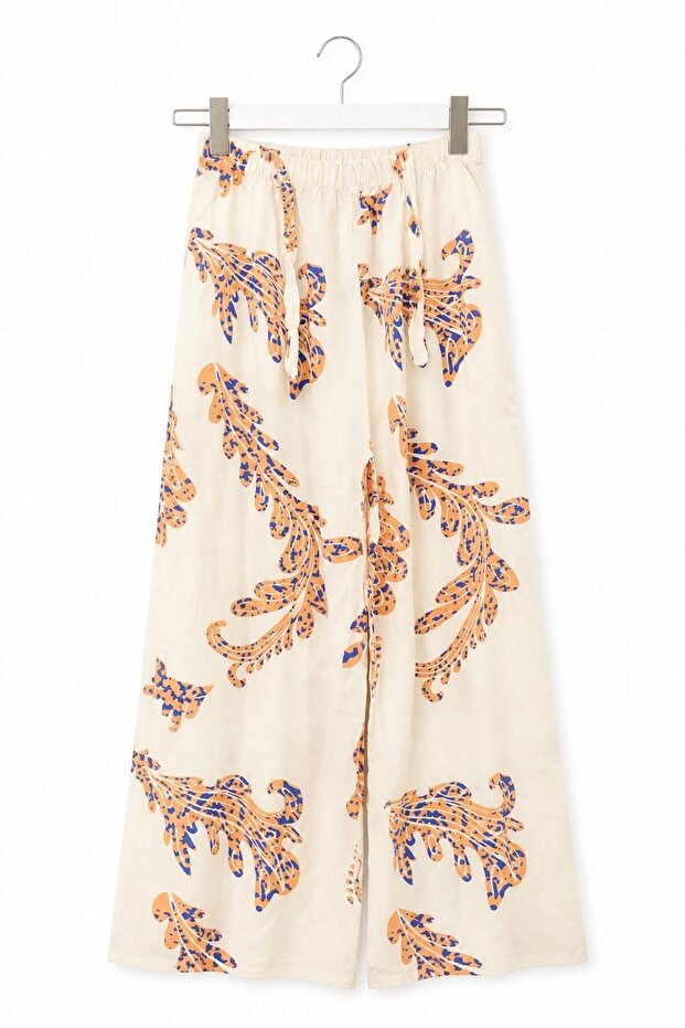 Cream Viscose Fabric, Elastic Waist, Loose Cut, Self-Waisted, Mixed Patterned Trousers