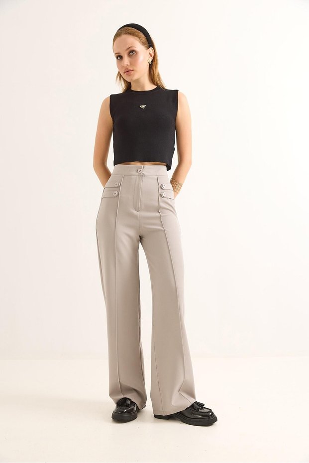 Gray Woven Fabric High Waist Wide Leg Pants with Button Detail on the Sides