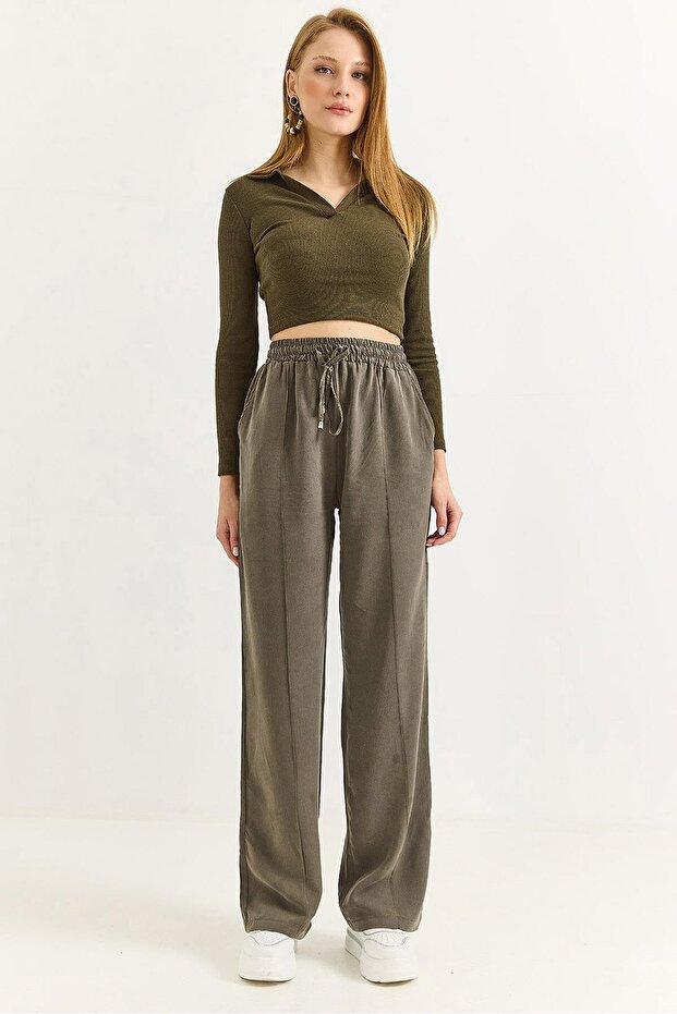 Smoked Tencel Stretchy Fabric Comfortable Fit Pants with Elastic Waist and Lace-Up Detail