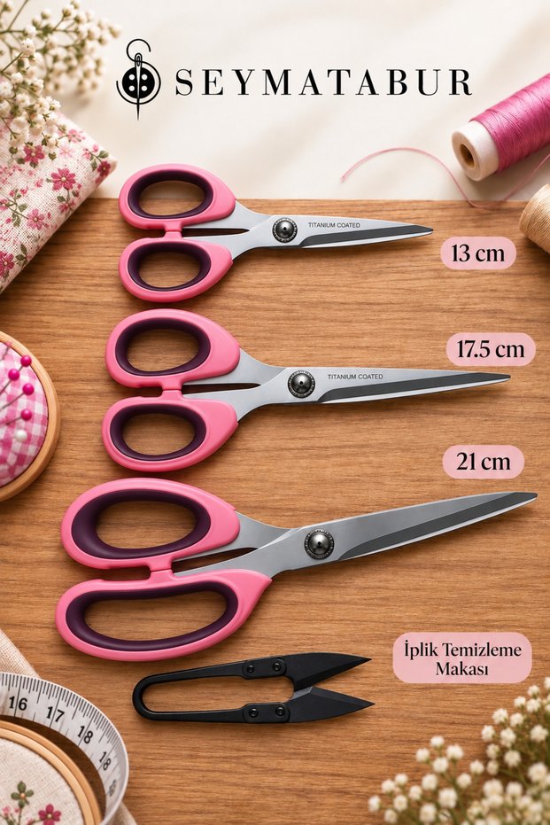 Set of 4 Ultra Sharp Titanium Sewing and Embroidery Scissors 13 cm 17.5 cm 21 cm + Thread Cleaning Scissors