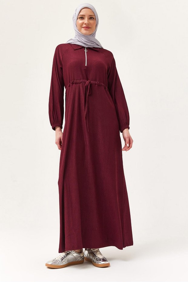 Burgundy Cotton Lycra Wrinkled Textured Shirt Collar Waist Tunnel Tie Detail Dress