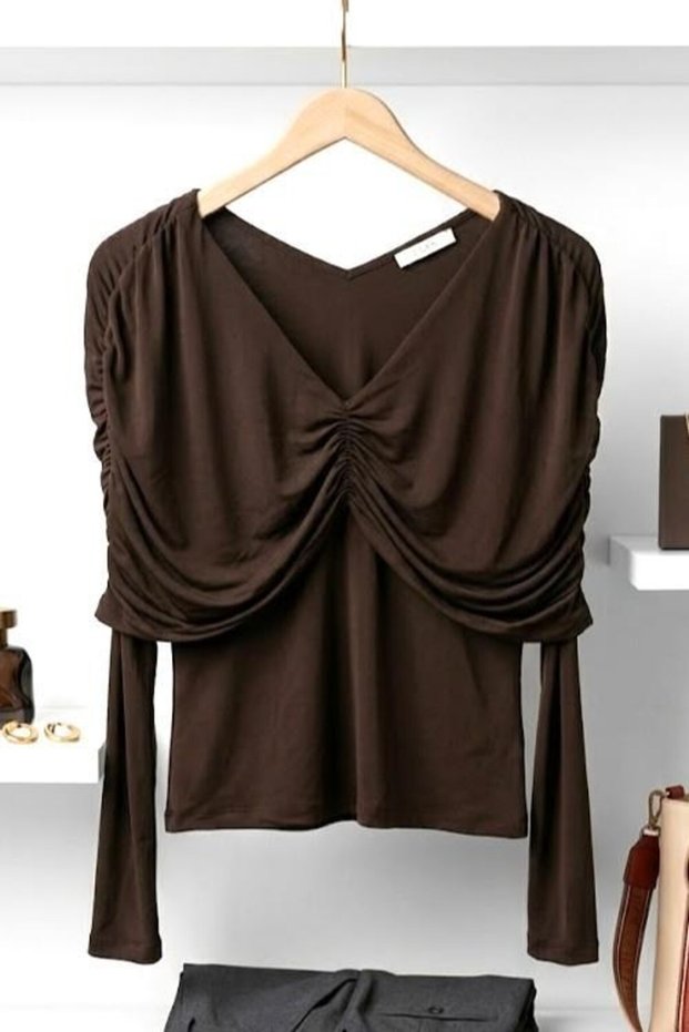 Brown Stretchy Textured V-Neck Long Sleeve Draped Top with Draped Detail Knitted Blouse