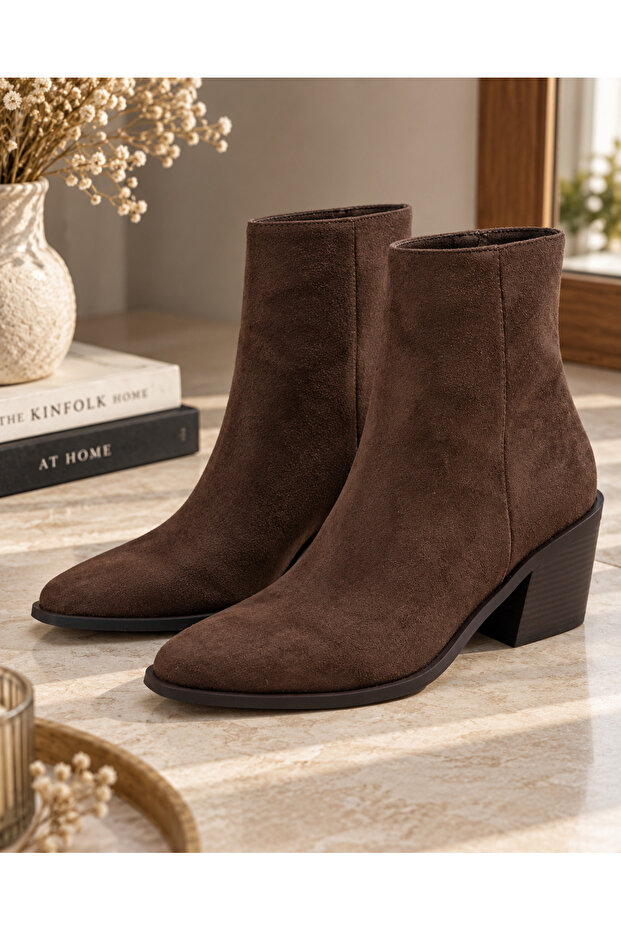 Women's Brown Suede Pointed Toe Ankle Heeled Boots
