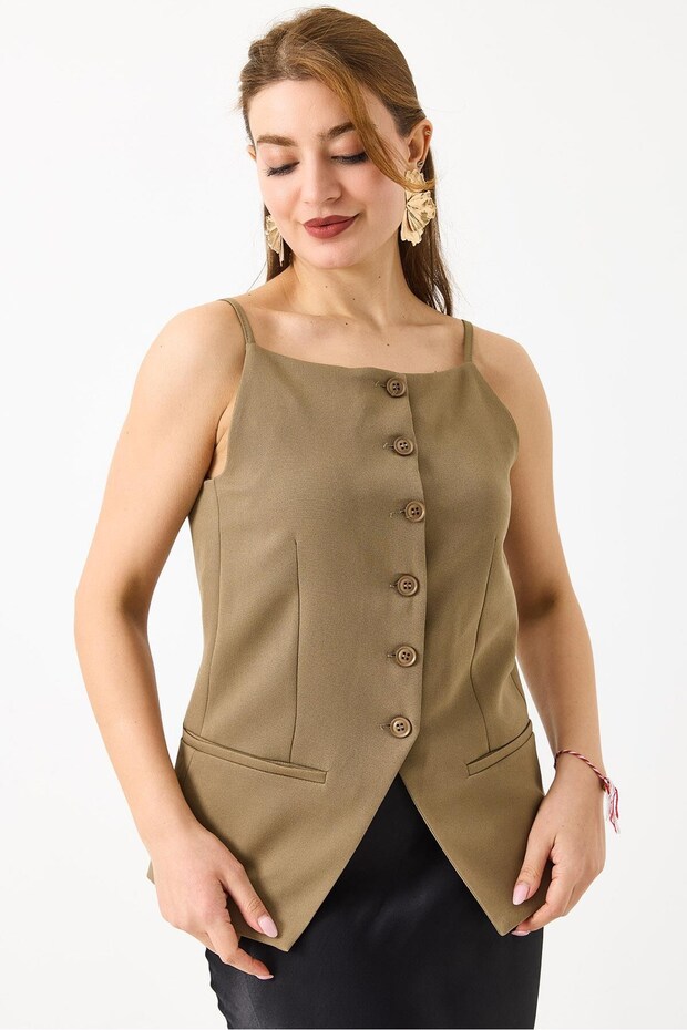 Khaki Lined Thin Strap Square Collar Regular Fit Woven Vest with Button and Stitching Detail