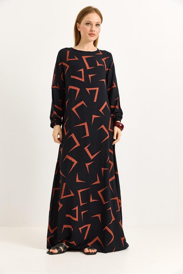 Orange Viscose Fabric Crew Neck Long Sleeve Dress with Elasticated Sleeves and Comfortable Cut Pattern