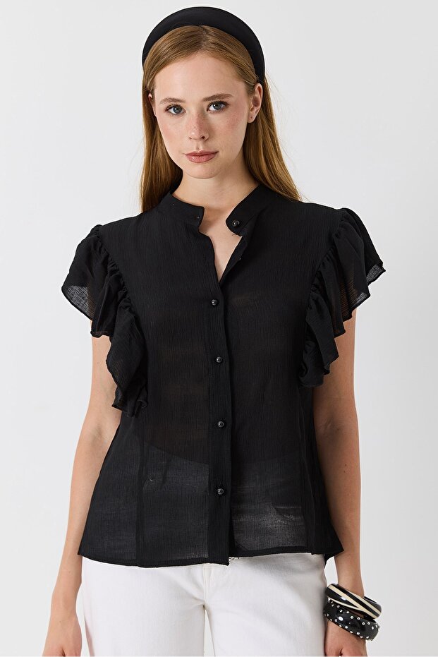 Black Woven Fabric High Collar Relaxed Fit Blouse with Ruffle Detail on the Shoulders and Front Buttons