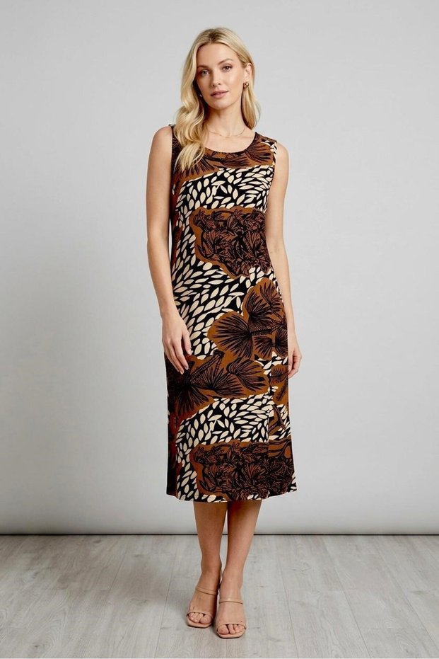Light Brown Viscose Fabric Crew Neck Zero Sleeve Straight Cut Leaf Patterned Midi Dress