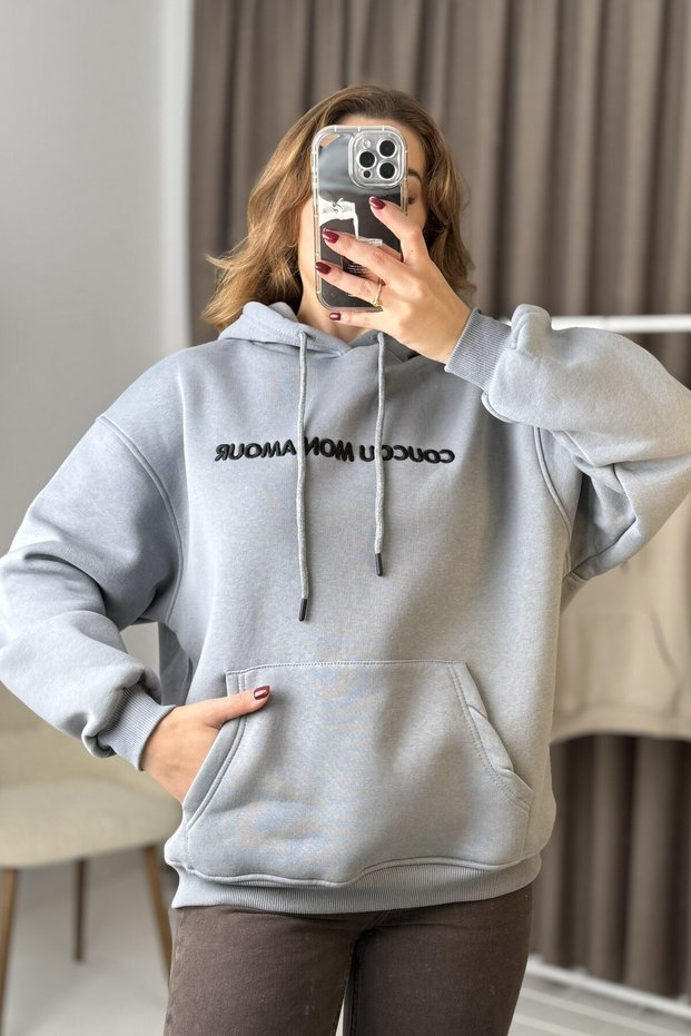 Smoked Cotton Blend Hooded Collar Oversized Cut Sweatshirt with Kangaroo Pocket